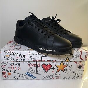 Dolce & Gabbana Men's Classic Black Portofino Leather Sneakers